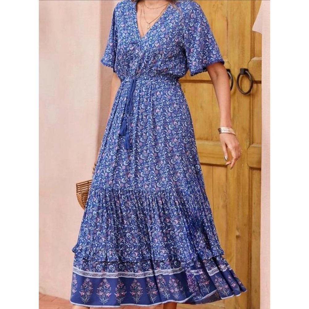 R.Vivimos Blue Floral Boho Maxi Dress V-Neck Tassel Tiered Women Size M 8/10